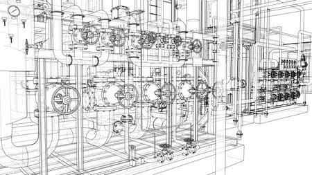 A detailed technical drawing of an industrial piping system, showcasing numerous valves, pipes, and gauges in a complex network. Vectorのイラスト素材