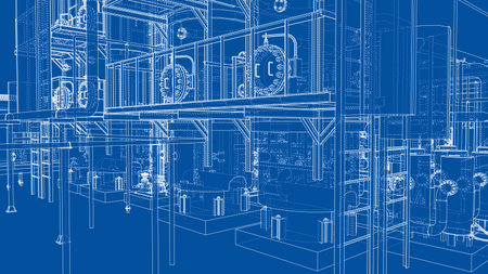 A detailed blueprint of an industrial facility, showcasing complex machinery, pipes, and structural elements in white lines on a blue background. Vectorのイラスト素材