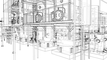 A detailed wireframe illustration of an industrial facility, showcasing complex machinery, pipes, and structural elements in a multi-level layout. Vectorのイラスト素材
