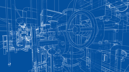 A detailed blueprint showcasing complex industrial machinery with gears, pipes, and valves on a blue background. Vectorのイラスト素材