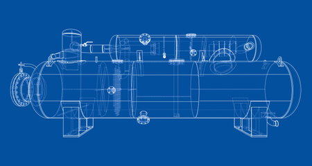 A detailed blueprint of an industrial tank with various components and connections, set against a blue background. Vectorのイラスト素材