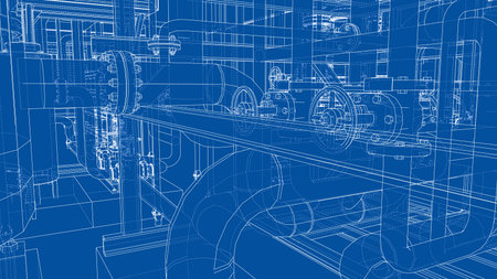 A detailed blueprint showcasing an intricate network of industrial pipes and machinery, highlighting various components and connections in a technical layout. Vectorのイラスト素材