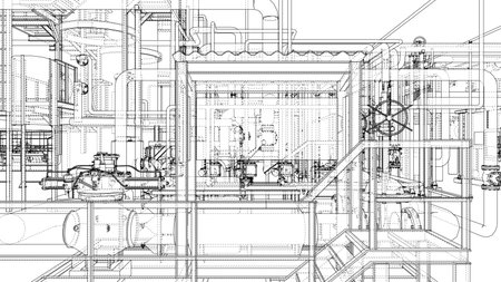 Detailed technical drawing of an industrial facility with pipes, valves, and machinery in a complex network. Vectorのイラスト素材