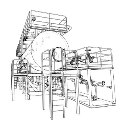 A detailed wireframe illustration of an industrial structure with platforms, ladders, and pipes. Vectorのイラスト素材
