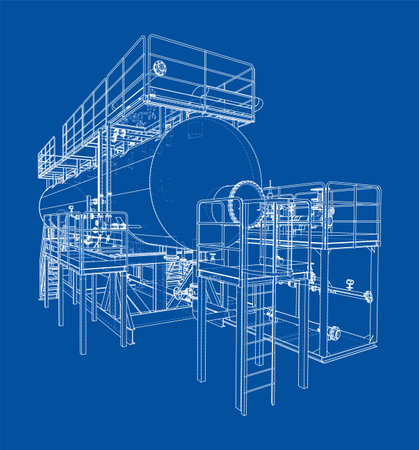 A detailed blueprint of industrial machinery with intricate structures and platforms on a blue background. Vectorのイラスト素材
