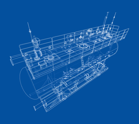 A detailed wireframe blueprint of a submarine is displayed on a blue background, showcasing intricate design elements and structural components. Vectorのイラスト素材