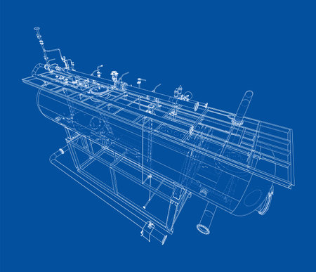A technical blueprint of industrial machinery on a blue background, showcasing intricate mechanical components and piping. Vectorのイラスト素材