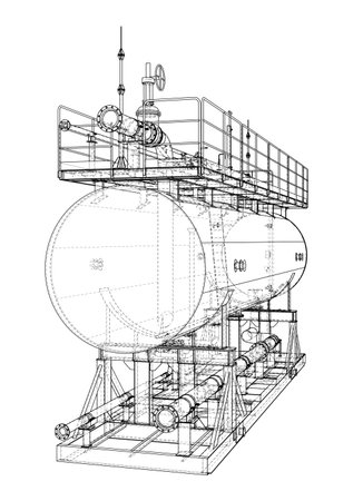 A detailed wireframe illustration of an industrial storage tank with pipes, valves, and a platform. Vectorのイラスト素材