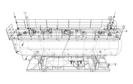 A detailed wireframe illustration of an industrial tank with a platform, valves, and railings, showcasing its structural components. Vectorのイラスト素材