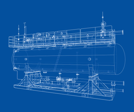 A detailed blueprint of an industrial tank with structural supports and piping, set against a blue background. Vectorのイラスト素材