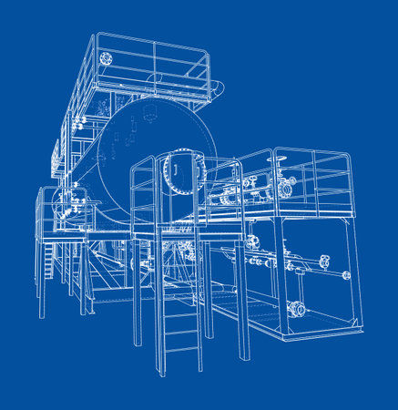 A detailed blueprint of an industrial structure with platforms, ladders, and cylindrical components on a blue background. Vectorのイラスト素材