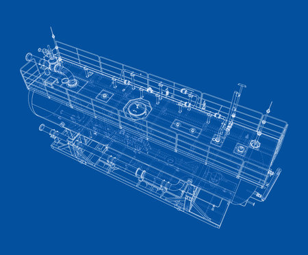 A detailed blueprint of industrial machinery on a blue background, showcasing intricate piping and structural elements. Vectorのイラスト素材