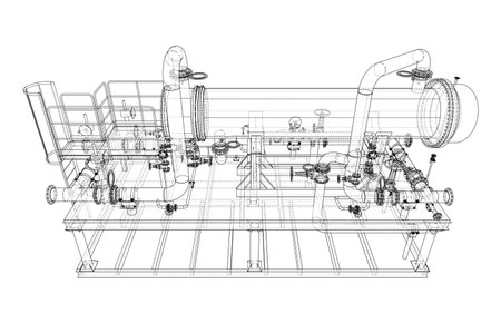 A detailed wireframe illustration of an industrial piping system with valves, pipes, and platforms, showcasing complex engineering design. Vectorのイラスト素材