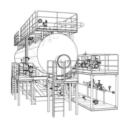 Detailed line drawing of an industrial tank with platforms, ladders, and valves, showcasing engineering precision. Vectorのイラスト素材