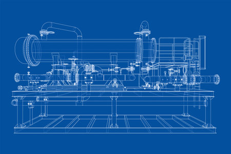 A detailed blueprint of industrial machinery with pipes, valves, and structural components on a blue background. Vectorのイラスト素材