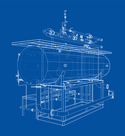 A detailed blueprint of industrial equipment with cylindrical and pipe structures on a blue background, showcasing technical design elements. Vectorのイラスト素材