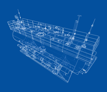 A detailed wireframe blueprint of a submarine, showcasing intricate mechanical components and structures against a blue background. Vectorのイラスト素材