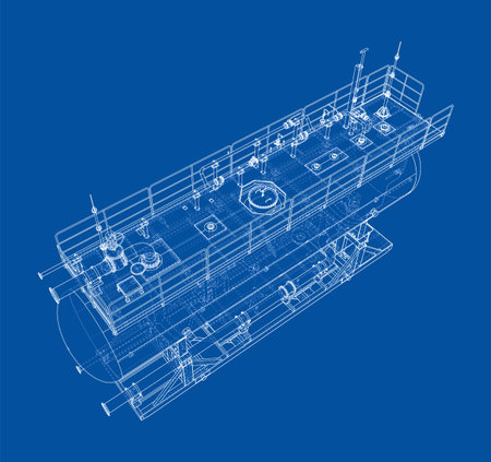 A detailed blueprint of industrial equipment on a blue background, showcasing intricate mechanical components and structures. Vectorのイラスト素材