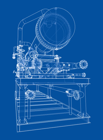 A detailed blueprint of an industrial machine with pipes, valves, and structural elements on a blue background. Vectorのイラスト素材