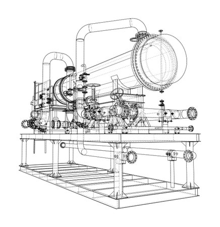 A detailed wireframe illustration of complex industrial machinery with pipes, valves, and structural elements. Vectorのイラスト素材