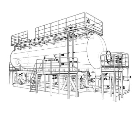 Detailed line drawing of a large industrial tank with platforms, ladders, and pipes, showcasing engineering design. Vectorのイラスト素材