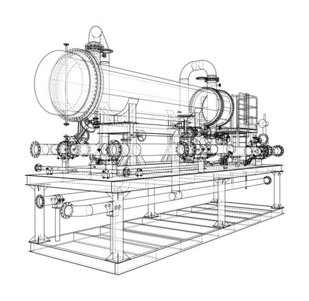 A detailed wireframe illustration of complex industrial machinery, showcasing pipes, valves, and structural components on a platform. Vectorのイラスト素材