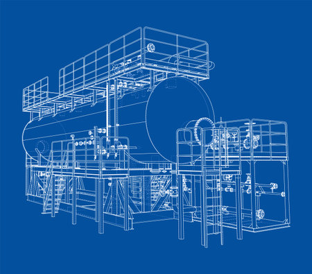 A detailed blueprint of an industrial tank with ladders, platforms, and piping on a blue background. Vectorのイラスト素材
