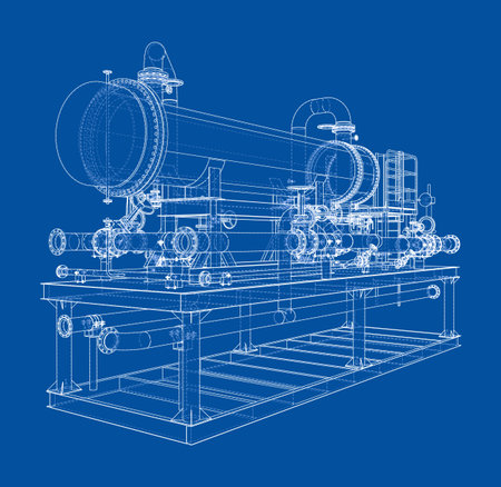 A detailed blueprint of an industrial machine with intricate piping and structural elements on a blue background. Vectorのイラスト素材