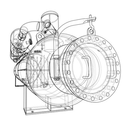 A detailed wireframe illustration of a mechanical component, showcasing intricate parts and connections. Vectorのイラスト素材