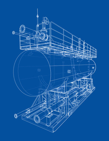 A detailed blueprint of industrial equipment with cylindrical tanks and piping on a blue background. Vectorのイラスト素材