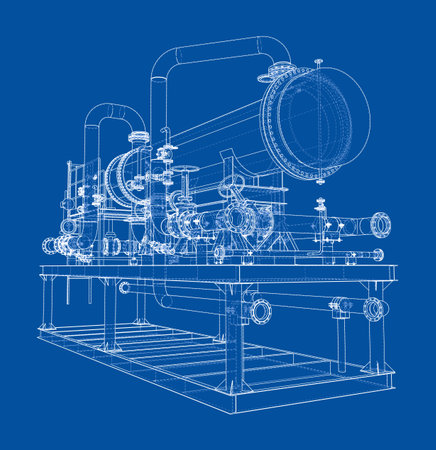 A detailed blueprint of complex industrial machinery with pipes and valves on a blue background. Vectorのイラスト素材