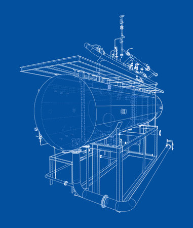 A detailed blueprint of industrial equipment with pipes and valves on a blue background, showcasing technical design. Vectorのイラスト素材