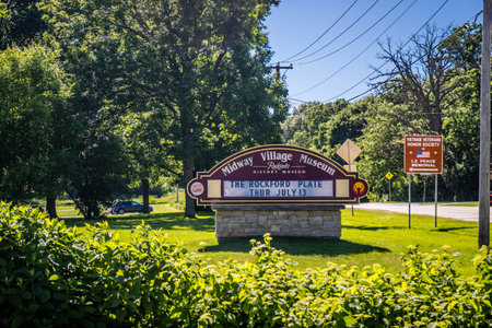 Rockford, IL, USA - June 4, 2017: A welcoming signboard at the entry point of Midway Village Museumのeditorial素材
