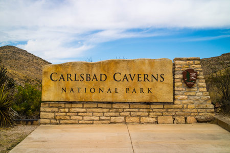 Carlsbad Cavern National Park, NM, USA - April 22, 2018: A welcoming signboard at the entry point of preserve parkのeditorial素材