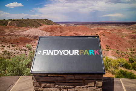 Petrified Forest National Park, AZ, USA - May 6, 2017: A big hashtag of find your park signboard along the preserve parkのeditorial素材