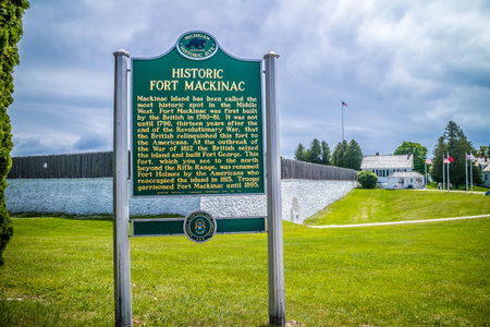 Mackinac Island, MI, USA - June 23, 2018: The Historic Fort Mackinac stone markerのeditorial素材