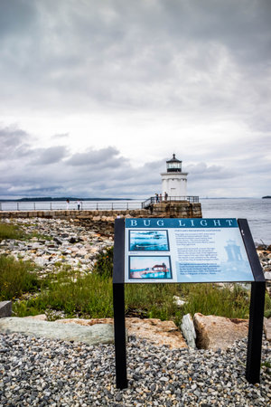 Cape Elizabeth, ME, USA - August 4, 2018: The Portland Breakwater Lighthouse signboardのeditorial素材