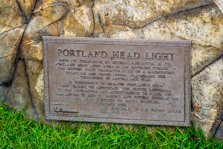 Cape Elizabeth, ME, USA - August 4, 2018: The Portland Headlight stone markerのeditorial素材