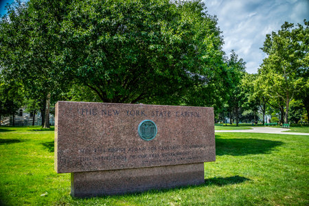 Albany, NY, USA - July 28, 2018: A welcoming signboard at the entry point of the capitolのeditorial素材