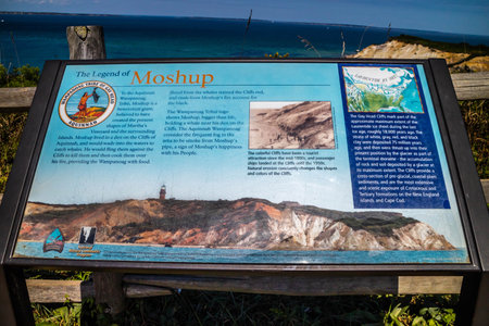 Cape Cod Marthas Vineyard, MA, USA - Sept 4, 2018: The Legend of Moshop Cliff stone markerのeditorial素材