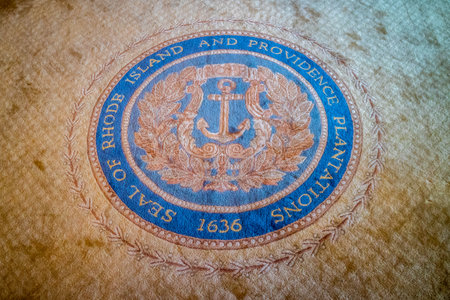 Providence, RI, August 29, 2018: The Great Seal of Rhode Island and Providence Plantation markerのeditorial素材