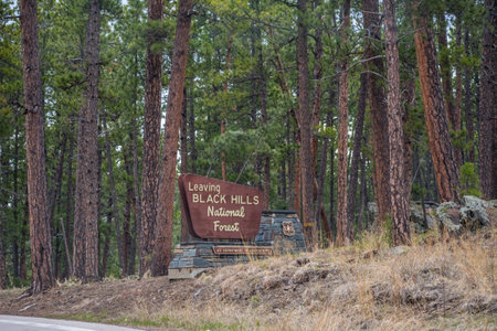 Black Hills National Forest, SD, USA - May 9, 2019: A leaving signboard at the exit point of national forestのeditorial素材