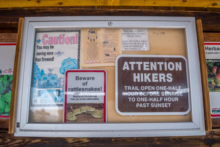 Sturgis, SD, USA - May 29, 2019: A warning sign in case of rattlesnake sighting