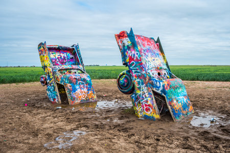 Amarillo, TX, USA - April 29, 2019: A brightly painted Cadillacs in Cadillac Ranchのeditorial素材