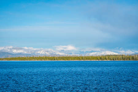 A large refreshing flow of water with a peaceful view in the parkの写真素材