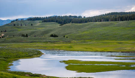 A beautiful overlooking view of nature in Yellowstone National Park, Wyoming