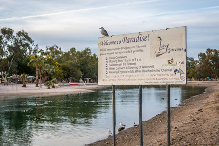 Lake Havasu, AZ, USA - January 7, 2020: A welcoming signboard at the entry point of the preserve parkのeditorial素材