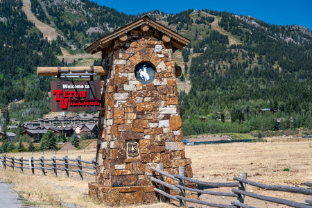 Teton Village, WY, USA - Sept 5, 2020: A welcoming signboard at the entry point of the townのeditorial素材