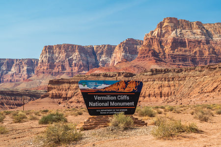 Vermilion Cliffs NM, AZ, USA - Oct 2, 2020: A welcoming signboard at the entry point of the preserve parkのeditorial素材