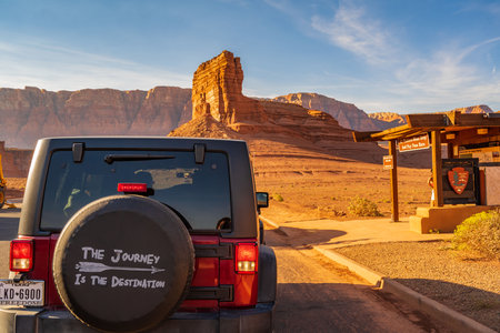 Glen Canyon NR, AZ, USA - Sept 25, 2020: A Jeep Wrangler Unlimited Sports parked along the preserve parkのeditorial素材